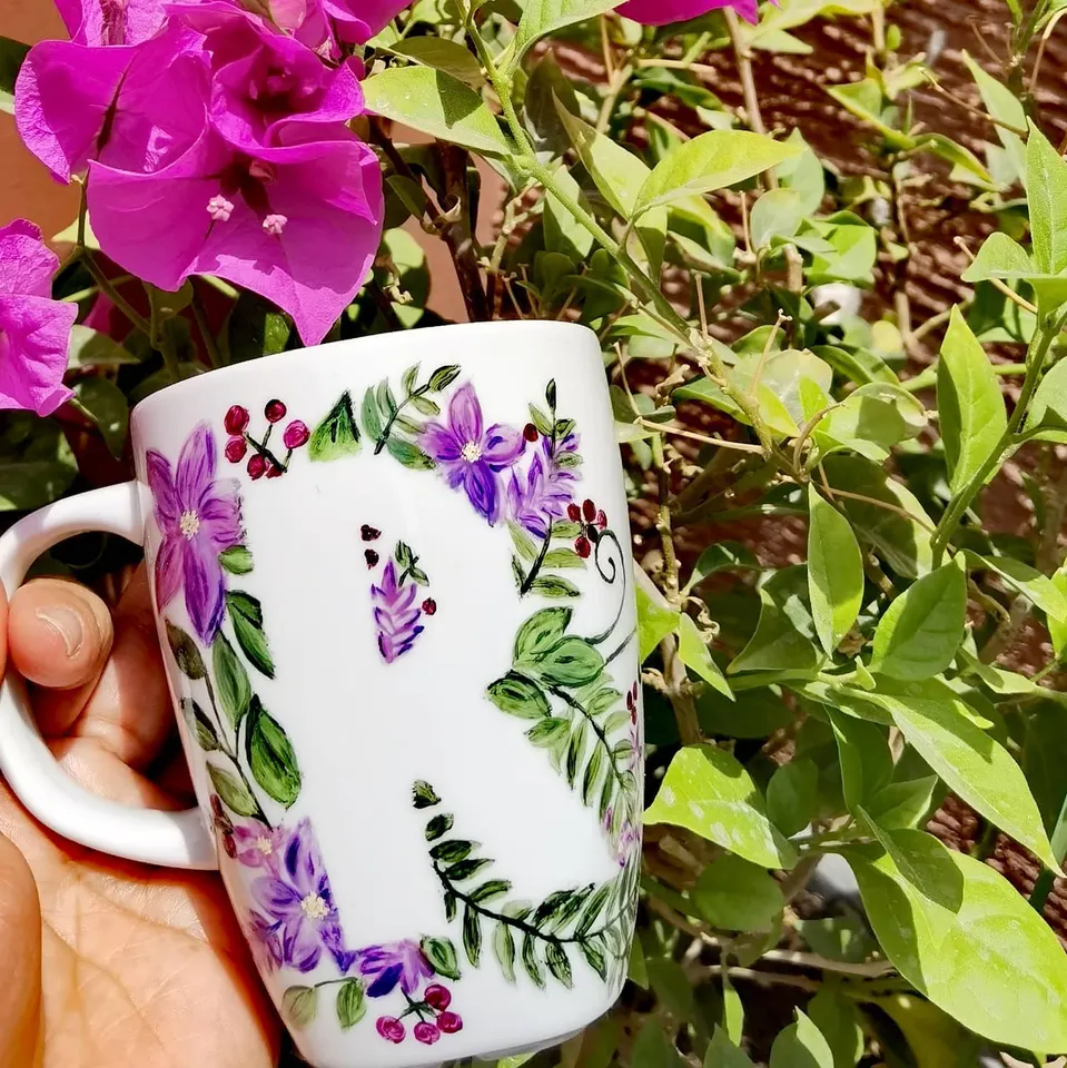 Purple garden: handpainted coffee mug